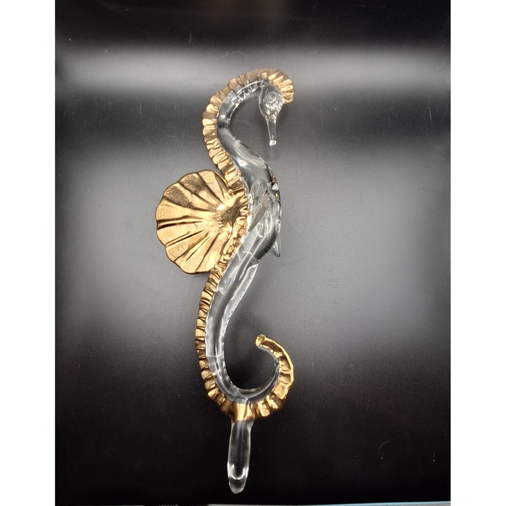 Glass Seahorse Figurine Gold Gilt Trim Scallop Shell Art Glass Sculpture 10 Inch